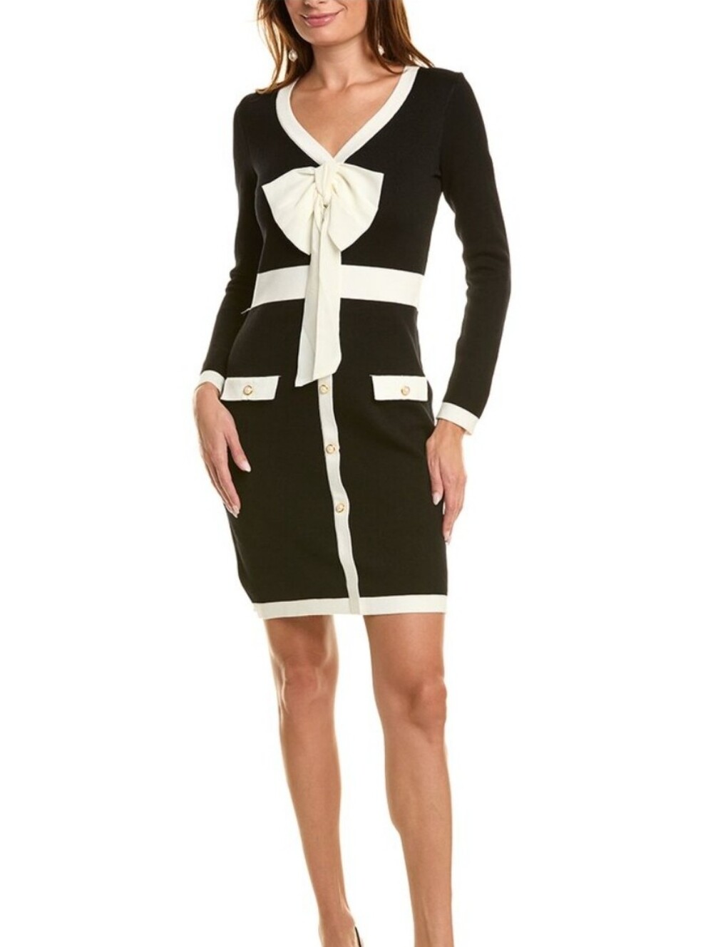Taylor Bow Front Sweater Knit Dress Sheath Stretch Black & White Classic Chic XL